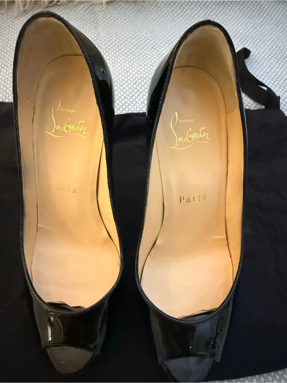 Christian Louboutin Black Patent Peep-Toe Platform Pumps with Red Soles